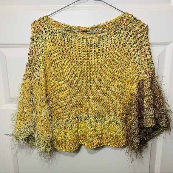Hand Crafted Boho Yellow Fabric Knit Cropped Sweater Wide Sleeves Fuzzy Top O/S - Picture 3 of 9